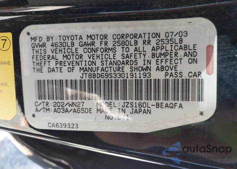 2003 Lexus Gs 300 из США, поврежденный, VIN JT8BD69S330191193